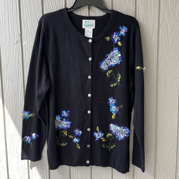 Quacker Factory Floral Cardigan L NWOT 3D Beaded Sequin Iridescent Detail - Picture 1 of 8
